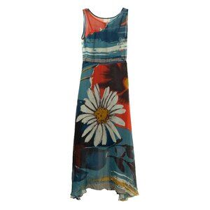 Anna Sui 100% Silk Maxi Dress Sheer Daisy y2k Watercolor Mixed Print Sleeveless